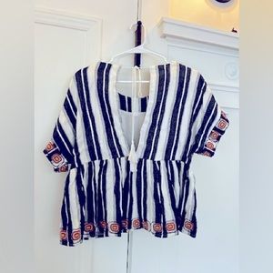 Maeve Anthropologie Size M Striped Short Sleeve Peplum Blouse w/Tassel Back